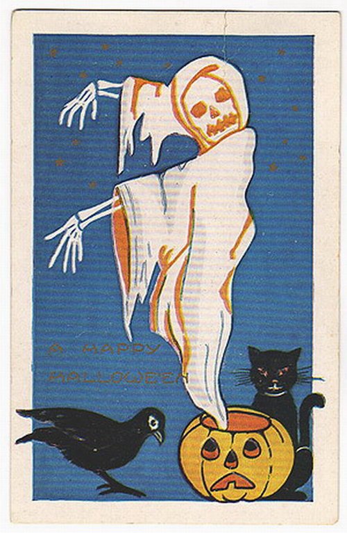 Vintage Halloween Greeting Card: Ghost/Skeleton Figure, Black Cat & Jack-o'-Lantern