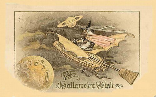 Victorian Halloween Wish Greeting Card with Witch & Broomstick