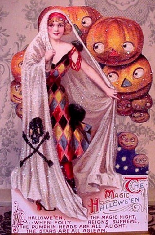 Vintage Halloween Greeting Card with Jack-o'-Lanterns & Harlequin Woman