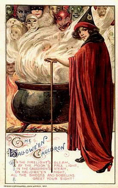Halloween Cauldron Witch Vintage Greeting Card Art Nouveau