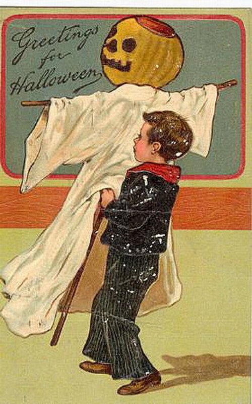Vintage Halloween Greeting Card Child with Scarecrow Pumpkin Head