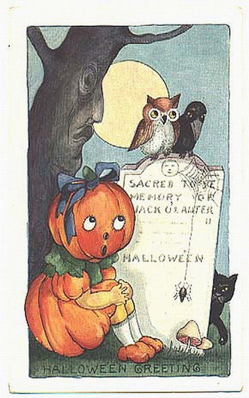 Vintage Halloween Greeting Card with Jack-O'-Lantern & Owl