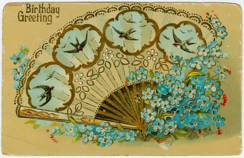 Victorian Birthday Greeting Card with Fan and Forget-Me-Nots