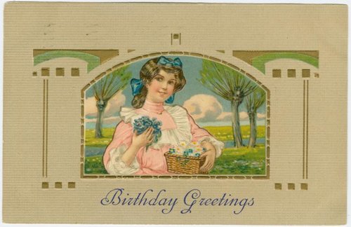 Edwardian Birthday Greetings Card with Woman and Flowers
