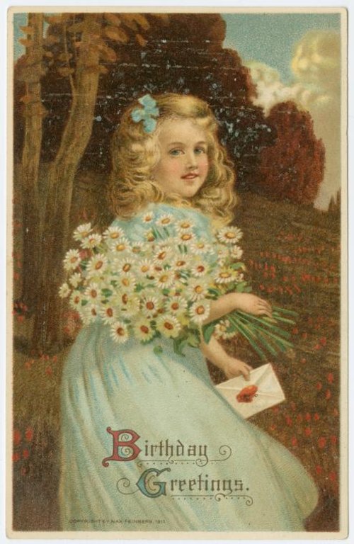 Victorian Birthday Greetings Card: Girl with Daisy Bouquet