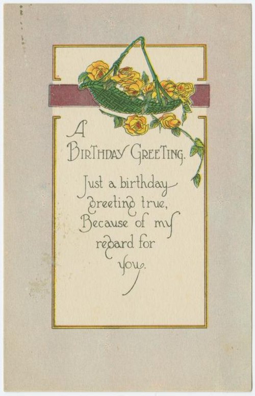 Vintage Birthday Greeting Card Yellow Roses Green Basket Early 1900s