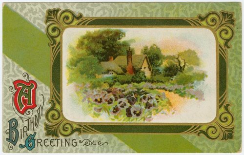 Victorian Birthday Greeting Card with Cottage Garden Scene