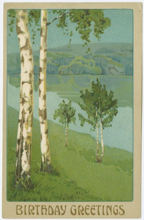 Vintage Birthday Greetings Card with Birch Trees & Landscape