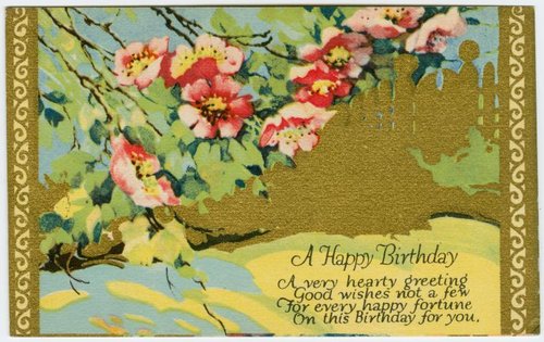 Edwardian Birthday Greeting Card Pink Flowers Gold Art Nouveau