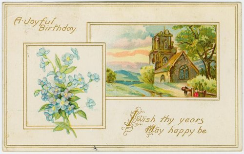 Edwardian Birthday Greeting Card with Church & Forget-Me-Nots