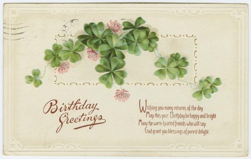 Victorian Birthday Greetings Card with Pink Clover Flowers