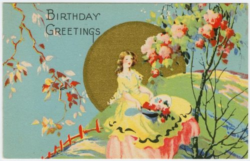 Vintage Art Deco Birthday Greetings Card with Garden Lady