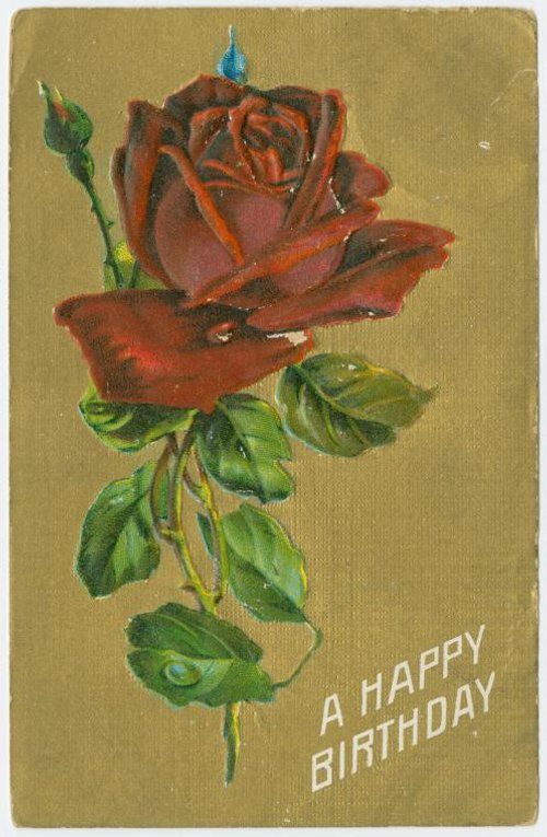 Vintage Birthday Greeting Card Red Rose Gold Edwardian Era