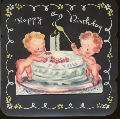 Vintage Birthday Greeting Card Cherubs Cake Candle Early 1900s