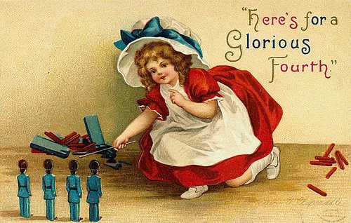 Vintage Fourth of July Greeting Card: Girl with Soldiers