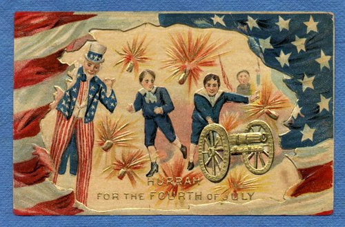 Vintage Fourth of July Greeting Card, Uncle Sam Children Fireworks