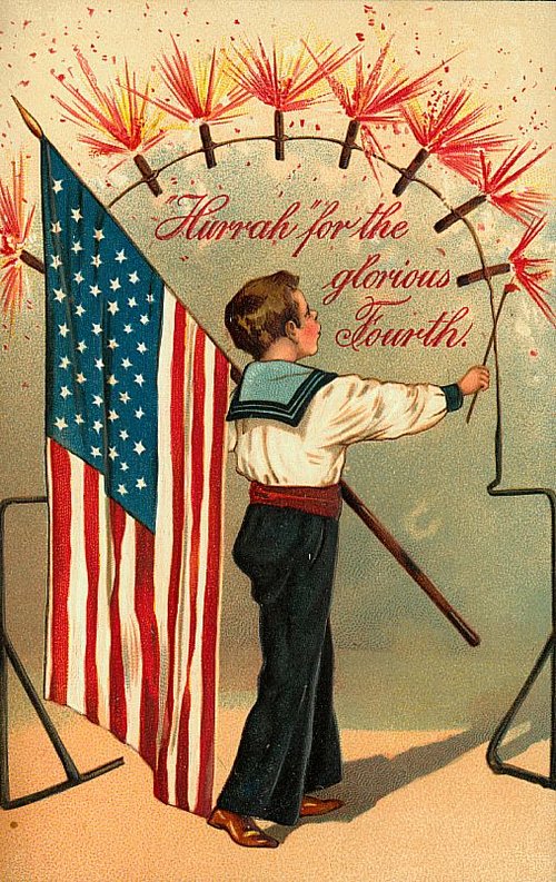 Vintage Fourth of July Greeting Card with Patriotic Child & Fireworks
