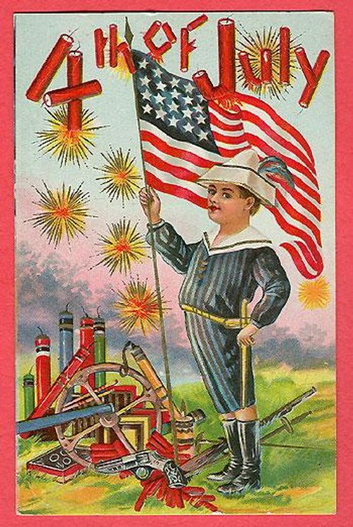 Vintage 4th of July Greeting Card Patriotic Flag Fireworks