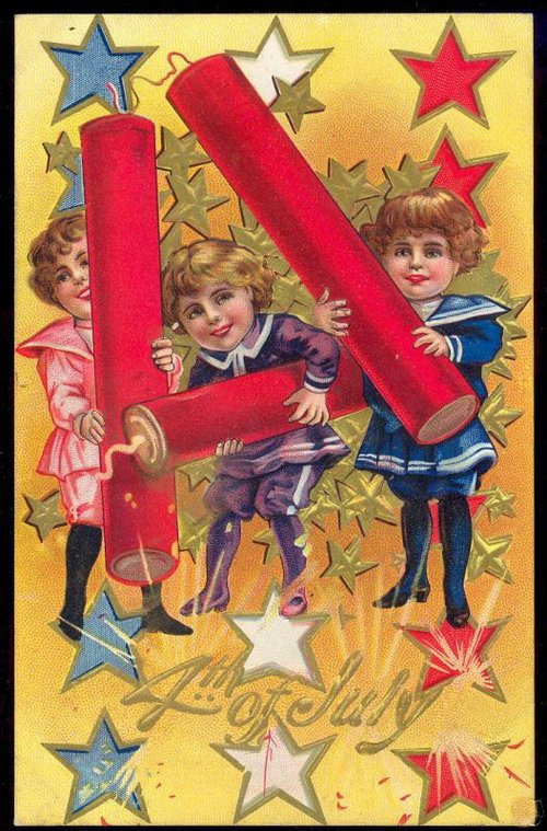 Vintage 4th of July Greeting Card with Children & Firecrackers