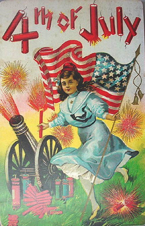 Vintage Fourth of July Greeting Card with Patriotic Girl & Fireworks