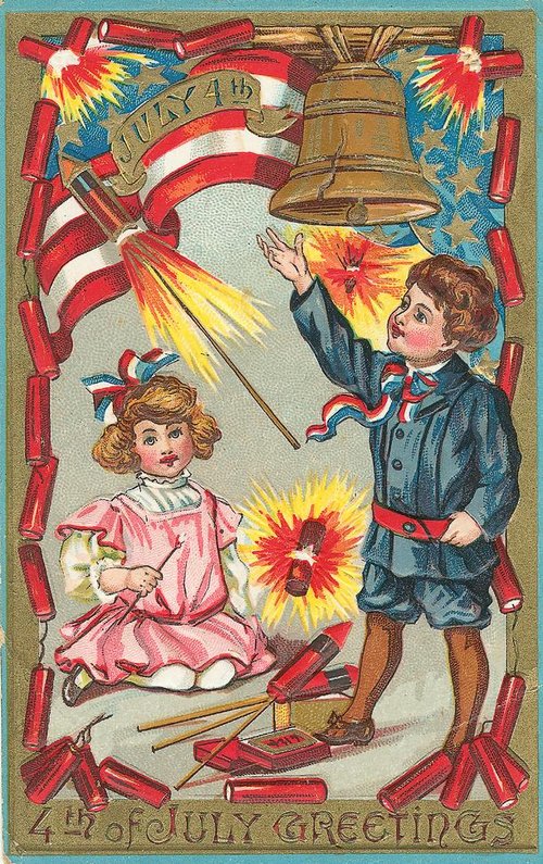 Vintage Fourth of July Greeting Card Children Fireworks 1900s