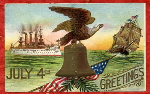 Vintage July 4th Greeting Card with Eagle, Ships & Flag