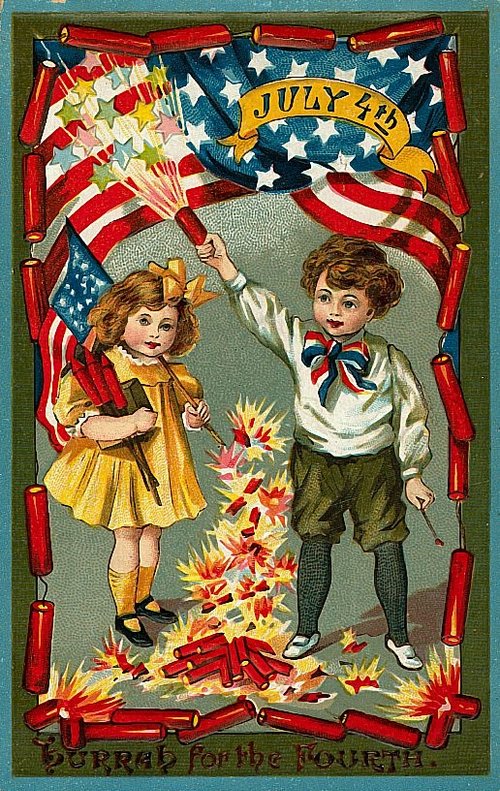 Vintage Fourth of July Greeting Card with Children and Fireworks