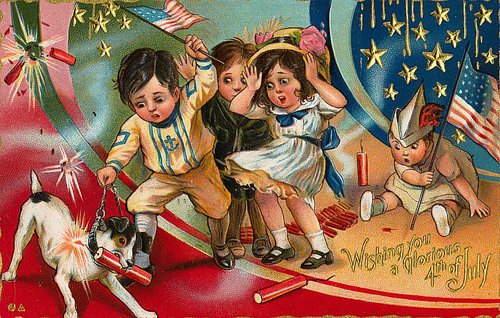 Vintage Fourth of July Greeting Card with Patriotic Children and Dog