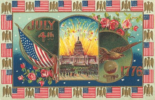 1776 July 4th Vintage Greeting Card - Patriotic Eagles & Fireworks